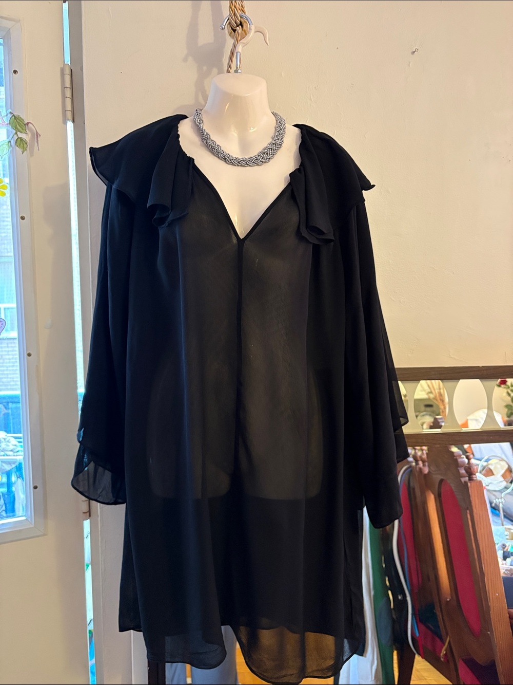 Massimo Dutti Black Sheer Ruffle-Trim Midi Dress. Viscose